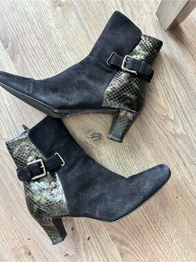 Women’s Black Suede Ankle Boots with Snake-Print Accent
